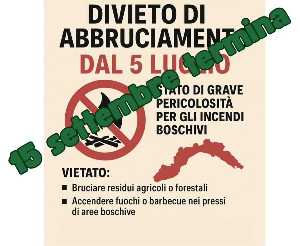 CESSAZIONE DELLO STATO DI GRAVE PERICOLOSITÀ PER GLI INCENDI BOSCHIVI SU TUTTO IL TERRITORIO DELLA REGIONE LIGURIA A PARTIRE DALLE ORE 00:01 DEL 15/09/2025.