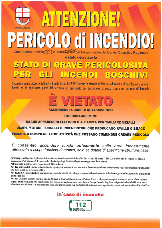 Dichiarazione dello stato di grave pericolosità per gli incendi boschivi su tutto il territorio della Regione Liguria a partire dalle ore 00:01 di sabato 04 Luglio 2026.