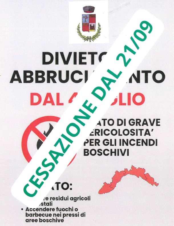 CESSAZIONE DELLO STATO DI GRAVE PERICOLOSITÀ PER GLI INCENDI BOSCHIVI SU TUTTO IL TERRITORIO DELLA REGIONE LIGURIA A PARTIRE DALLE ORE 00:01 DEL 21/09/2026
